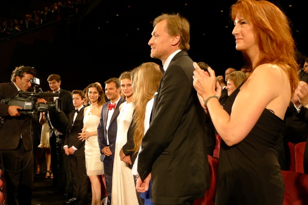 Director François Ozon stands in-between his film's stars Géraldine Pailhas and Marine Vacth.