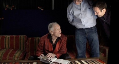 Behind-the-scenes, Hugh Hefner with filmmakers Luke Poling (Center) and Tom Bean (Photo: Laemmle Zeller Films)