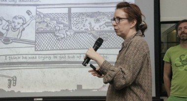 Heidi Solbrig and Amos Latteier presenting The Dandelon King at POV Hackathon 7. (Courtesy POV/American Documentary, Inc.)