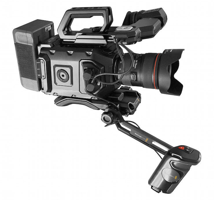 All-metal Blackmagic Design URSA Mini 4K with EF mount, about $3000. Pictured hand-held rig includes URSA Viewfinder, URSA VLock Battery Plate, and URSA Mini Shoulder Kit, which lifts total to $4980 — without Canon 24-70 L-Series zoom, brick battery not included. In either configuration, a remarkable value.