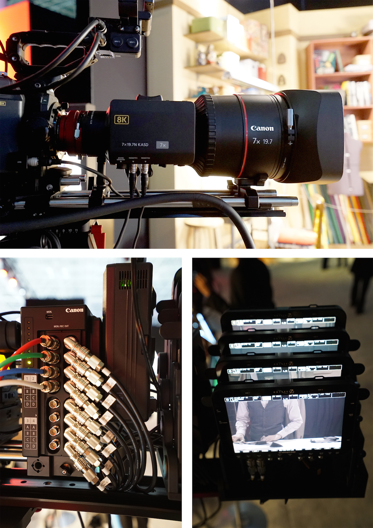 Whole lotta data! A Canon prototype 8K Cinema EOS camera — 192 x4320 pixels, Super35 sensor, 1.89:1 aspect ratio, 60 fps, EF Mount — with an 8K 7x zoom lens, seen at NYC’s Canon Expo last September. Four dual-link SDI connections record out to 8 SSDs in four Odyssey 7Q+ monitor/recorders.