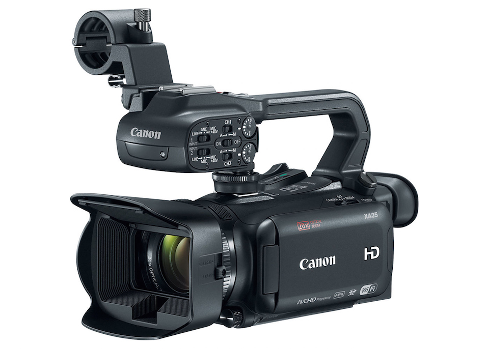 Canon XA35: HD only, but tiny and sophisticated. A 20x optical zoom, 2x magnification focus assist, focus pulling by moving finger on touchscreen, highlight-protecting gamma curves, HD-SDI output, compatibility with Canon’s inexpensive WM-V1 Wireless Bluetooth mic system. Plus a built-in barndoor to cover the lens!