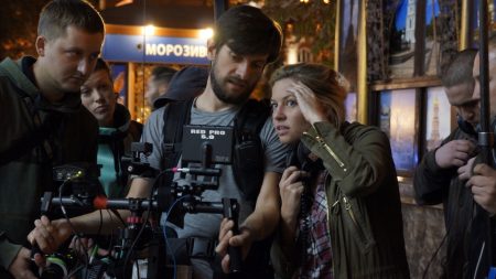 Sashcko Roshchyn and Roxy Toporowych on the set of Julia Blue