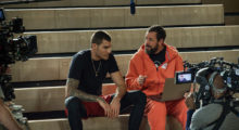 Juancho Hernangomez and Adam Sandler on the set of Hustle
