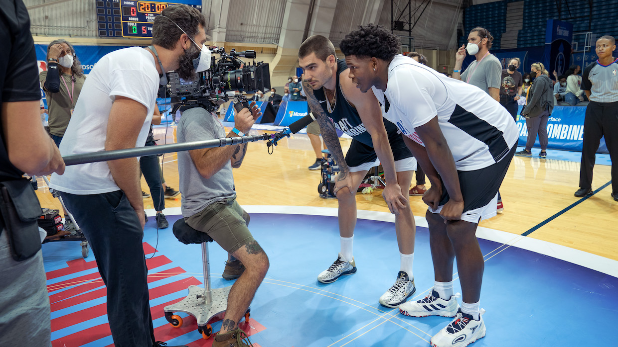 Jeremiah Zagar, Juancho Hernangomez and Anthony Edwards on the set of Hustle