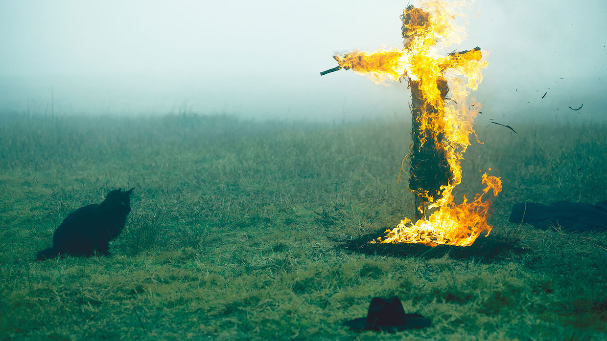 A black cat stands in a lush green field facing a burning scarecrow, whose top hat lays in the foreground.