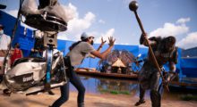 Cinematographer Autumn Durald Arkapaw and actor Winston Duke on the set of Black Panther: Wakanda Forever (Photo by Eli Adé)
