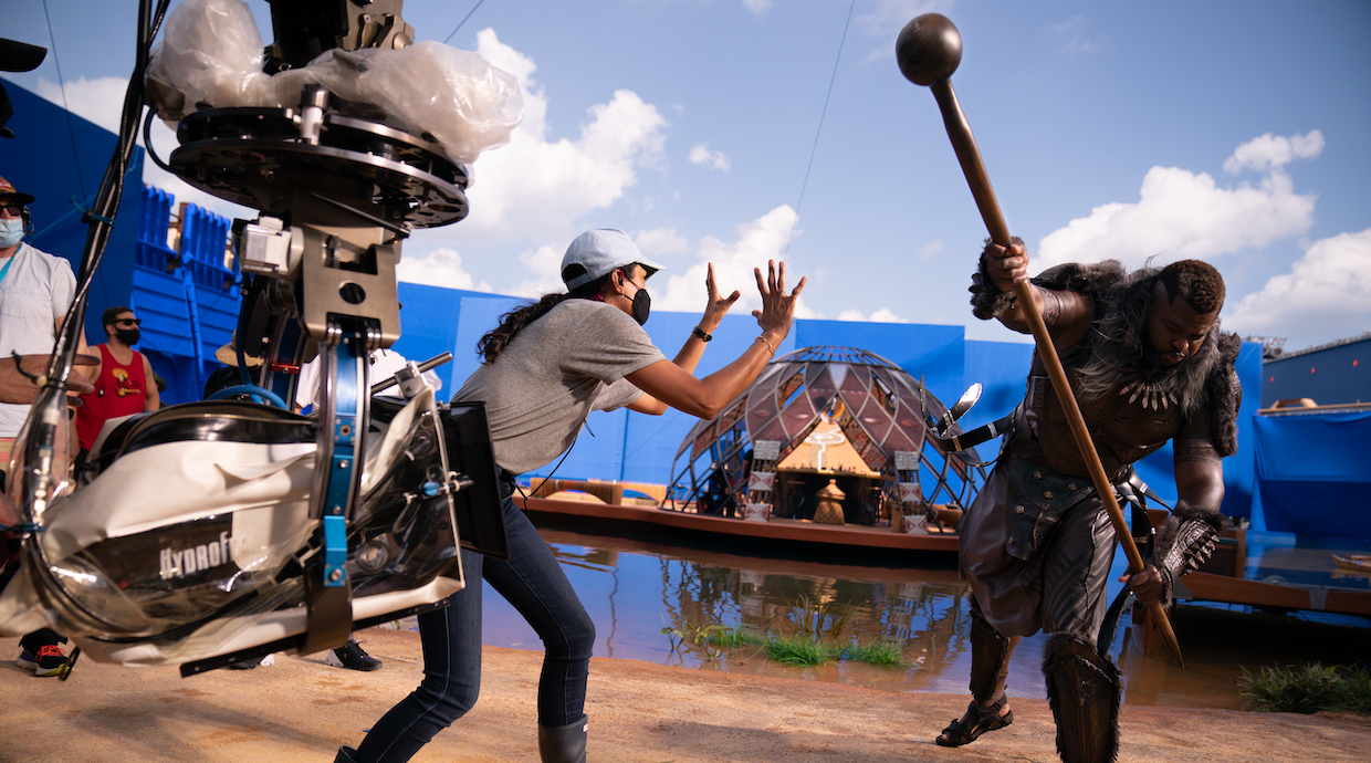 Cinematographer Autumn Durald Arkapaw and actor Winston Duke on the set of Black Panther: Wakanda Forever (Photo by Eli Adé)