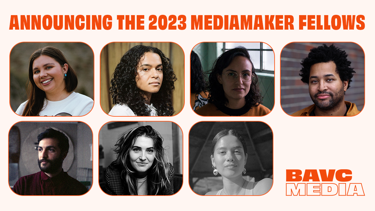The headshots of all seven 2023 BAVC MediaMaker Fellows, superimposed over a pink background.