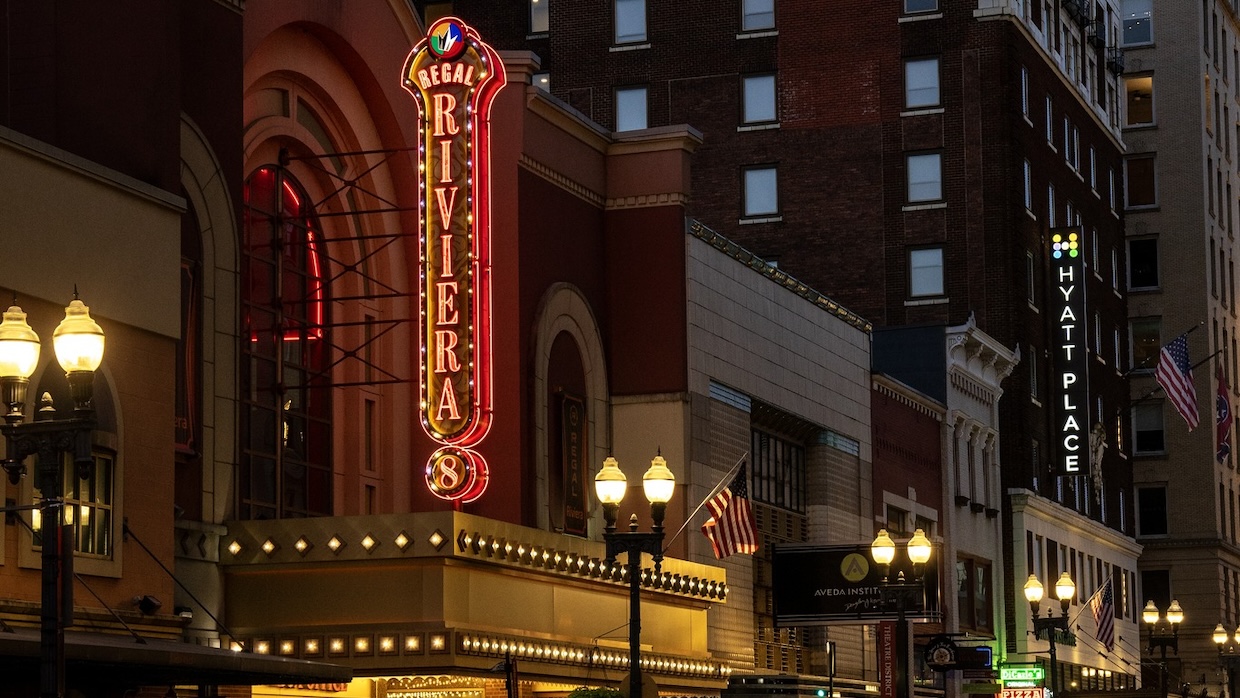 The exterior marquee of the Regal Riviera in Downtown Knoxville, Tennessee