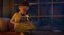 a 3D animated still of a young Indian woman wearing a white turtleneck as she sits by a large, multi-paned window at night. A kitten sits on her lap atop of a fluffy pillow.