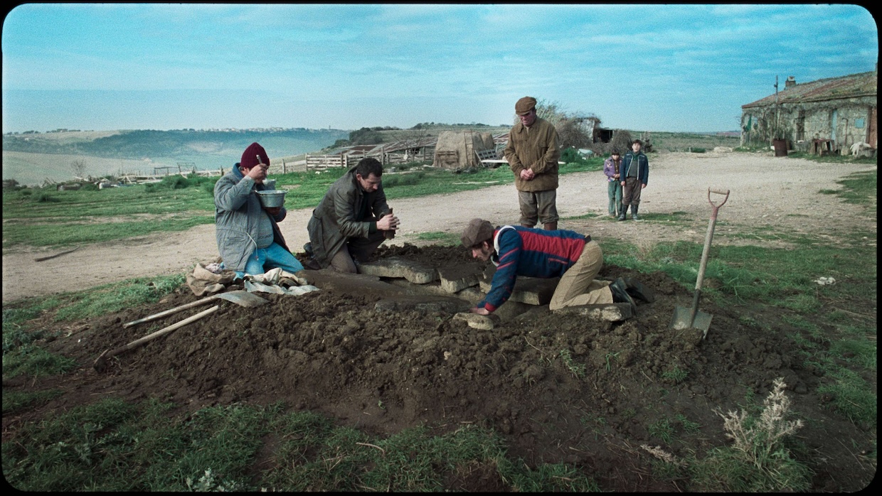 A group of men huddle around a dirt digging site on a sunny afternoon by a beach.
