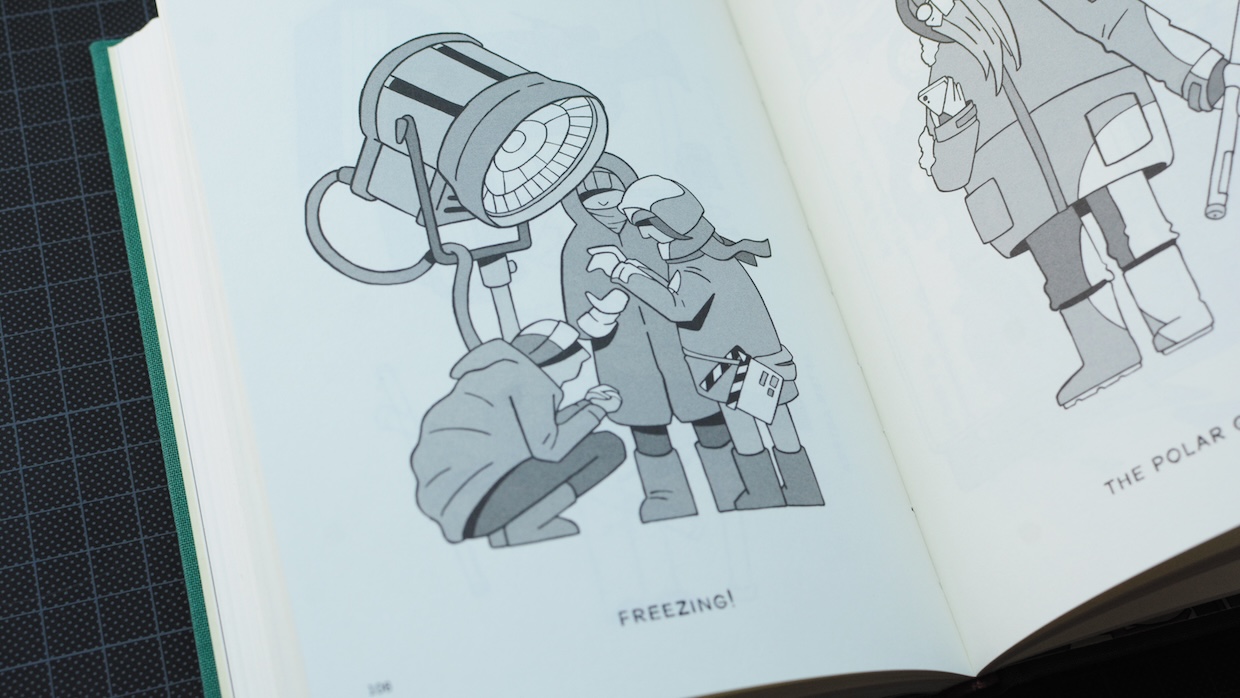 A cartoon of people huddled under an arc light on a cold film set.