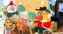 An animated still of an anthropomorphized duck talking on a phone, sitting at a kitchen table drinking coffee. He is among a hodgepodge of symbols and household items.