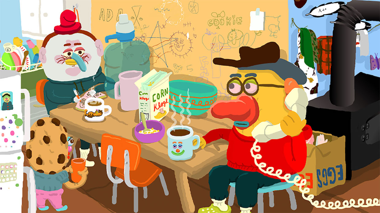 An animated still of an anthropomorphized duck talking on a phone, sitting at a kitchen table drinking coffee. He is among a hodgepodge of symbols and household items.