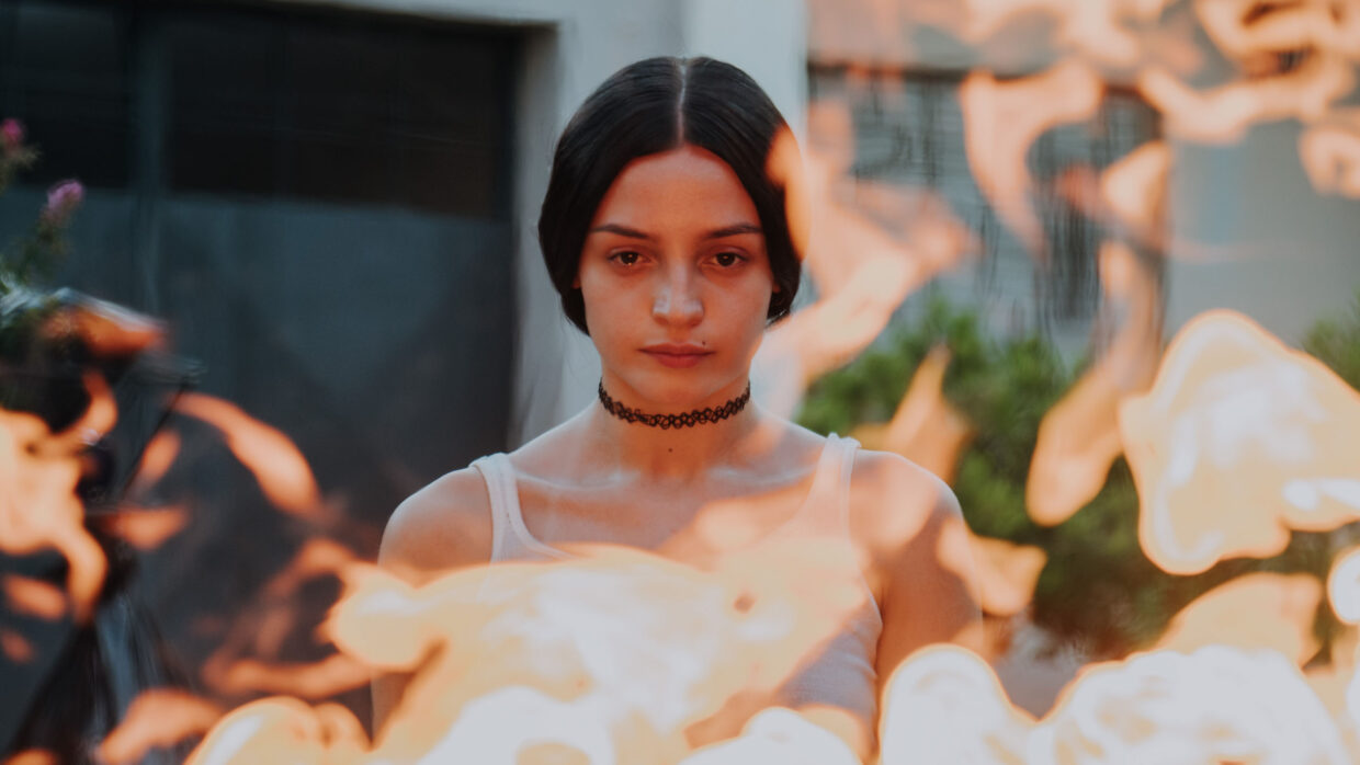 Close-up of a Latina girl wearing white