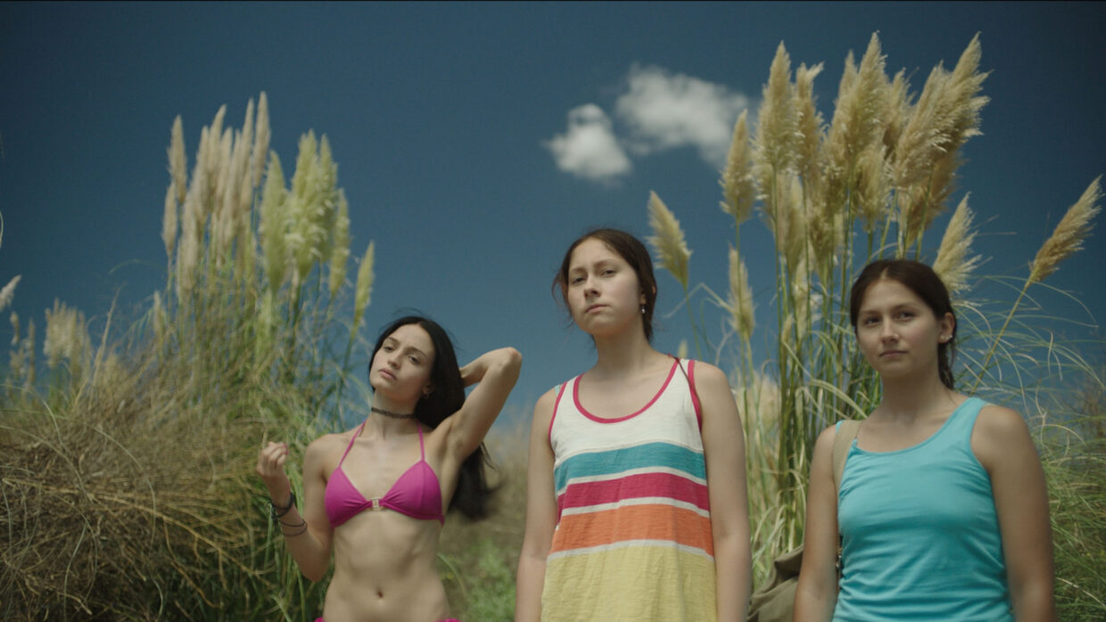 Three older girls in beachwear are standing in a field with tall grasses behind them.