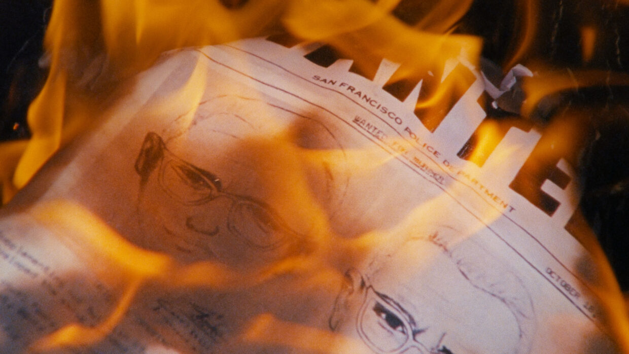 A paper with a sketch of the Zodiac Killer is ablaze.