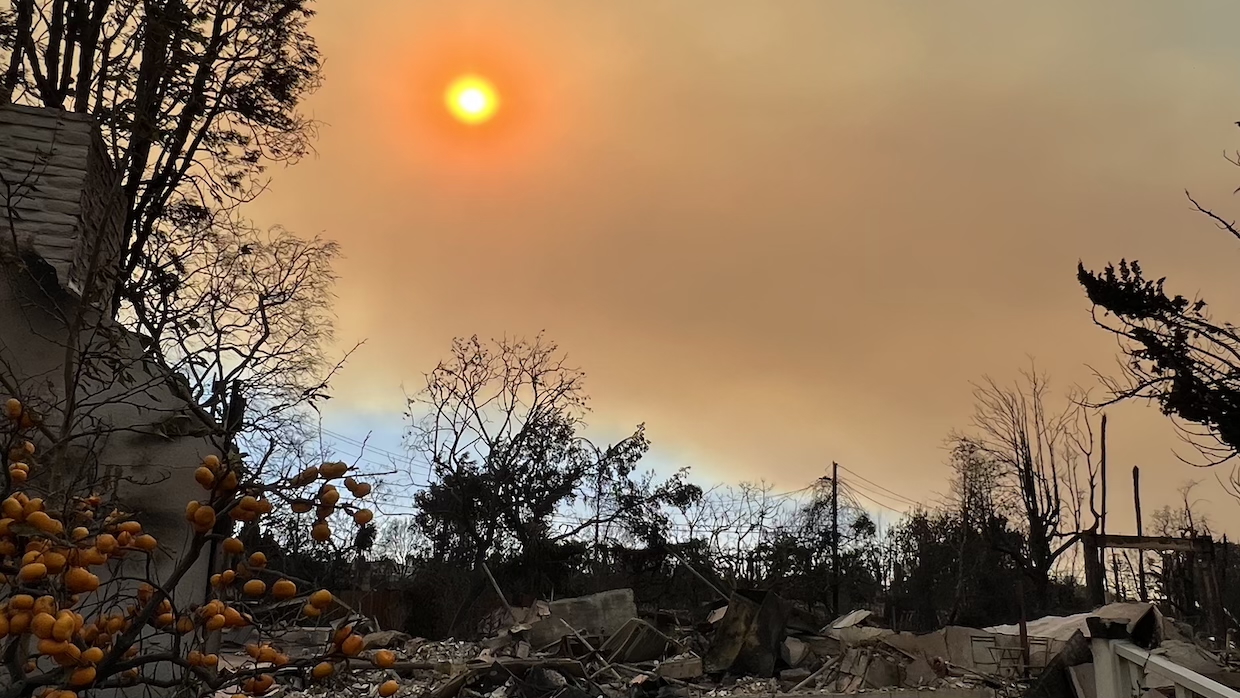 A smoky landscape after a fire.
