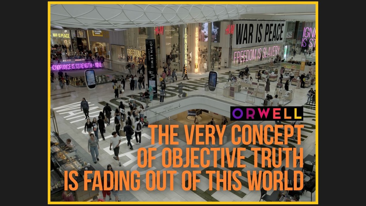 A meme-like image of a mall with George Orwell quotes all over it.