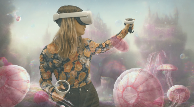 A girl in a VR helmet is seemingly surrounded by jellyfish.