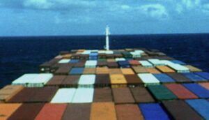 A cargo ship at sea.
