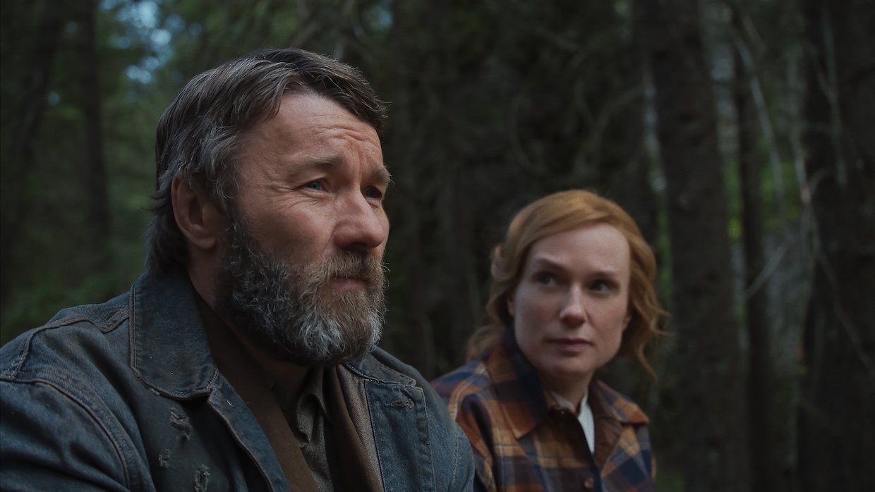 A man and a woman sit in a forest.