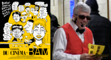 On the left, an image of black ink-drawn comic characters that are movie theater workers against a bright yellow background. On the right, an elderly man dons a red vest, black bowtie and holds fliers with the comic characters.