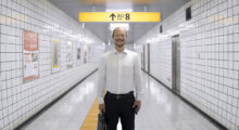 A Japanese man dressed in business attire stands in an empty subway corridor, white and clean with bright lights. He grins ominously and stands under a yellow sign that reads "Exit 8."