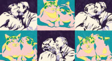 A drawing featuring six squares: three depict a silent film-era couple kissing, while the other three depict one cat grooming another.