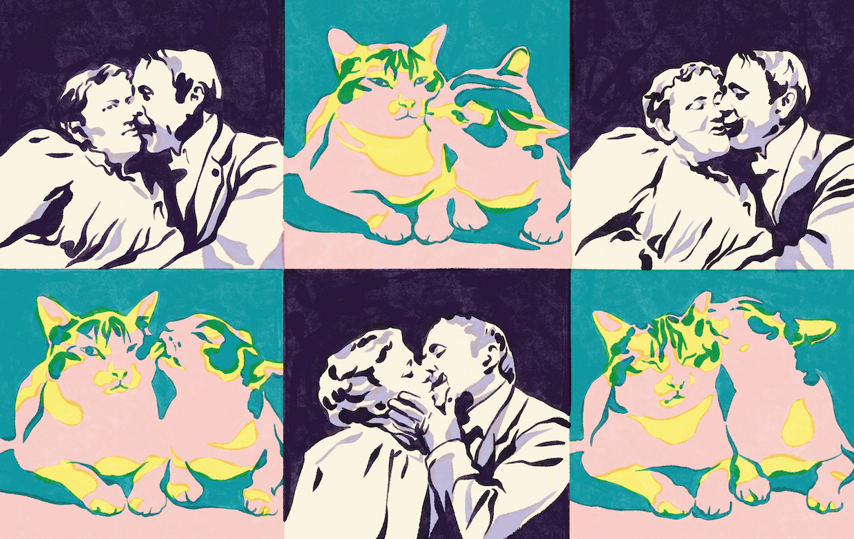 A drawing featuring six squares: three depict a silent film-era couple kissing, while the other three depict one cat grooming another.