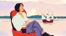 A drawing of a woman sitting in a theater seat, eating popcorn as a ship sails by on an ocean just behind her.