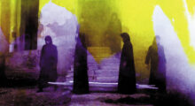 Woman wearing hijabs and long dresses stand in a circle. Their image is colored with a hazy yellow background and hazy purple foreground.