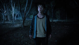 A young man wears a navy hoodie and a beige t-shirt. He stands in the middle of a woodsy area in the dead of night. He looks straight ahead, some blood stains mark his face and shirt.