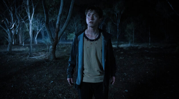 A young man wears a navy hoodie and a beige t-shirt. He stands in the middle of a woodsy area in the dead of night. He looks straight ahead, some blood stains mark his face and shirt.