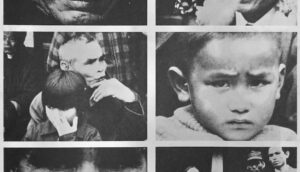 Black and white photo cells picture a haunt man with a bald head resting his chin on his hand. Next to that photo is one of a young boy with cropped hair looking directly at the camera.