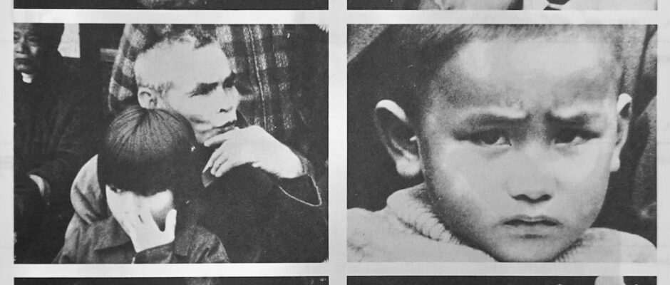 Black and white photo cells picture a haunt man with a bald head resting his chin on his hand. Next to that photo is one of a young boy with cropped hair looking directly at the camera.